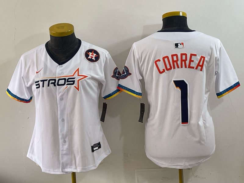 Women 2025 Houston Astros #1 Correa White Four generations Joint Name Nike MLB Jersey style 04->women mlb jersey->Women Jersey